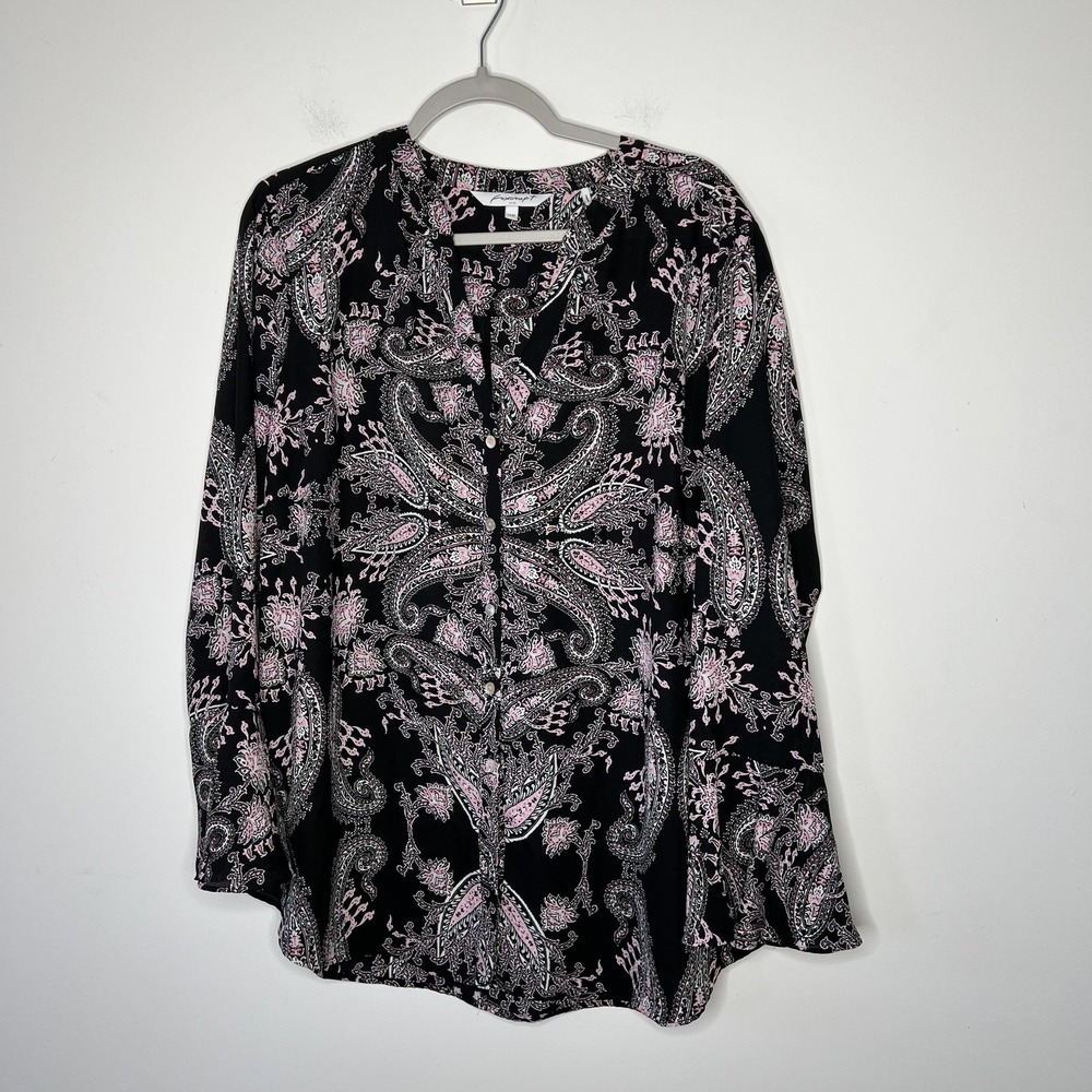 Foxcroft NYC Shirt‎ Womens 14W Black Pink Paisley Long Bell Sleeve Blouse Top